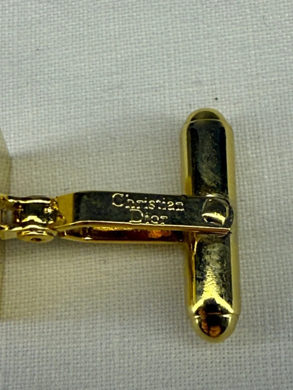 Christian Dior Gold Tone Logo Rhinestone Cufflinks 0.75”